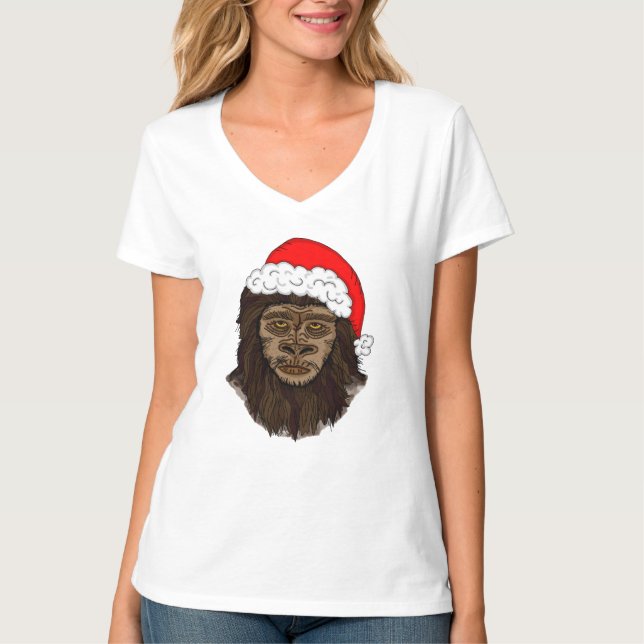 Funny Bigfoot In Santa Hat Sasquatch Humour T-Shirt (Front)