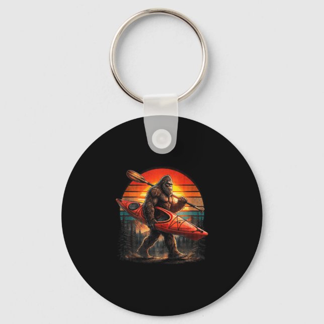Funny bigfoot kayaking retro sunset sasquatch key ring (Front)