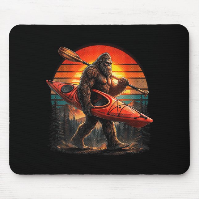 Funny bigfoot kayaking retro sunset sasquatch mouse pad (Front)