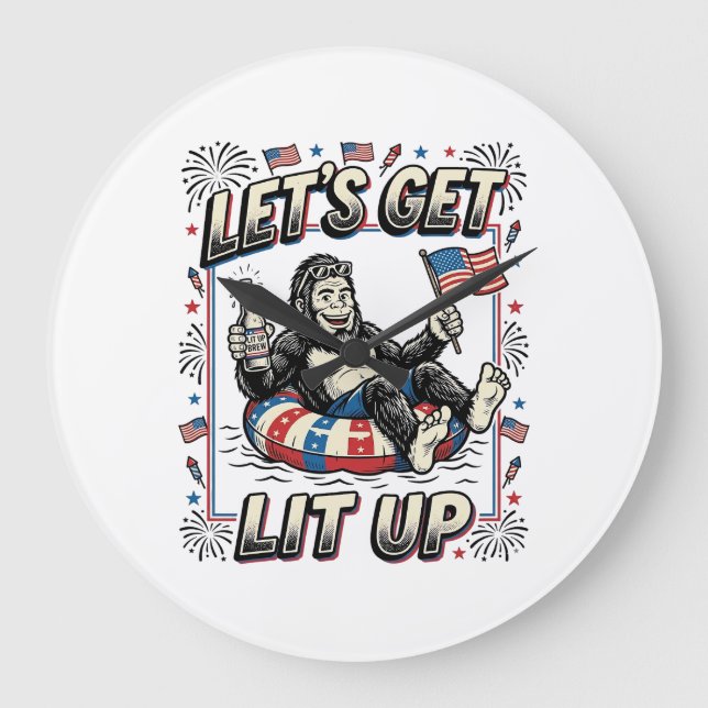 Funny Bigfoot Let’s Get Lit Up Patriotic Large Clock (Front)