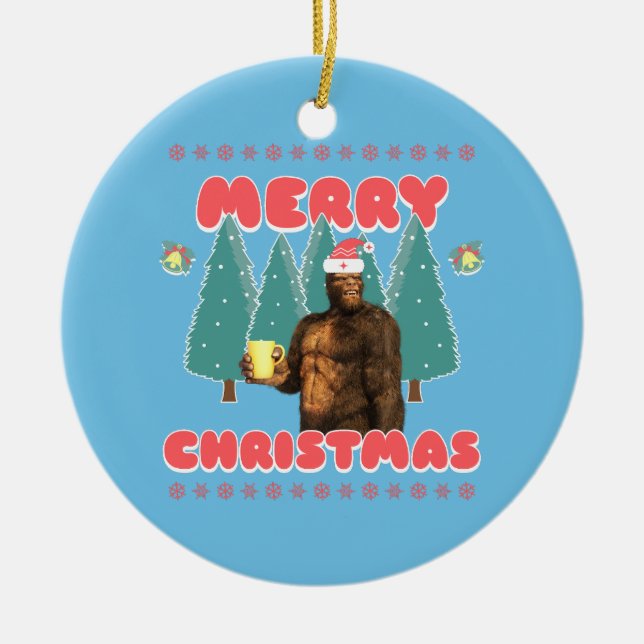 Funny Bigfoot - Merry Christmas Ceramic Tree Decoration (Front)