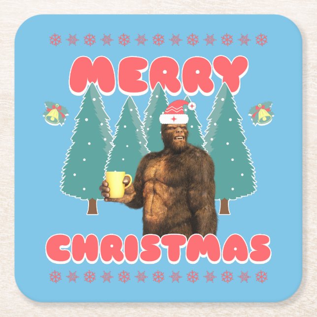 Funny Bigfoot - Merry Christmas Square Paper Coaster (Front)