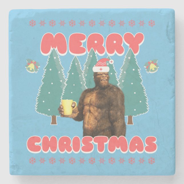 Funny Bigfoot - Merry Christmas Stone Coaster (Front)