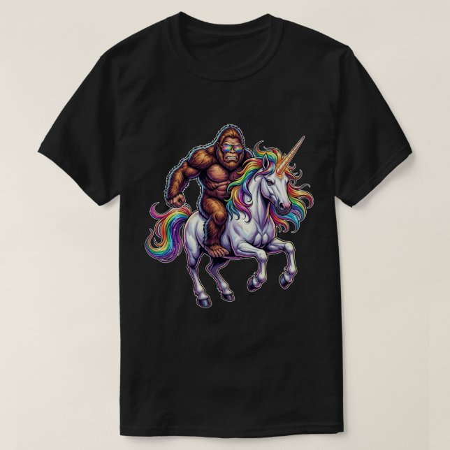 Funny Bigfoot On Unicorn Rainbow Sunglasses T-Shirt (Design Front)