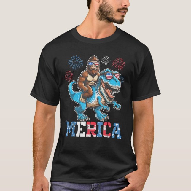 Funny Bigfoot Riding Dinosaur Merica Fireworks 4th T-Shirt (Front)