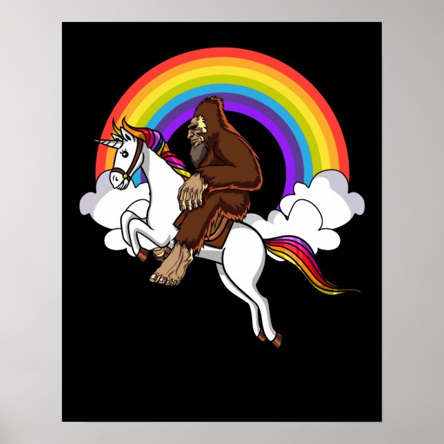Funny Bigfoot Riding Magical Unicorn Rainbow Poster (Front)