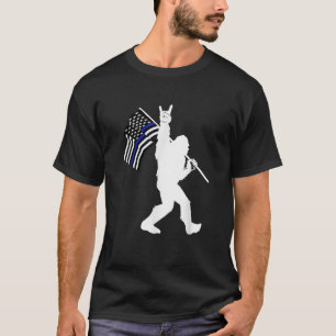 Funny Bigfoot Rock and Roll Thin Blue Line Flag fo T-Shirt