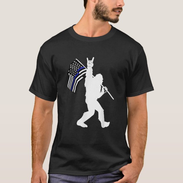 Funny Bigfoot Rock and Roll Thin Blue Line Flag fo T-Shirt (Front)