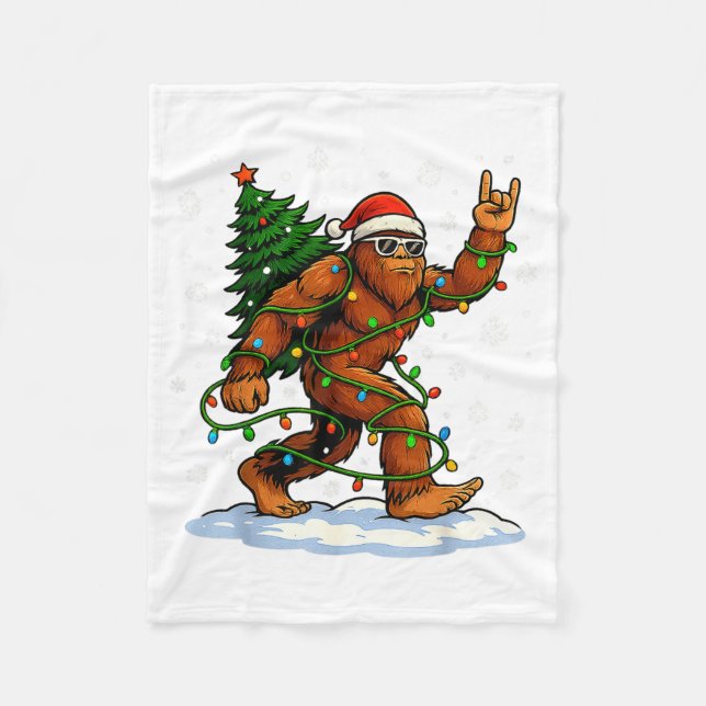 Funny Bigfoot Rock On Christmas Lights Snow Holida Fleece Blanket (Front)