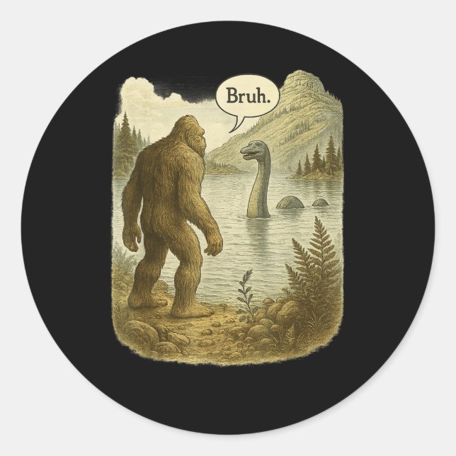 Funny Bigfoot Sasquatch Loch Ness Monster Introver Classic Round Sticker (Front)