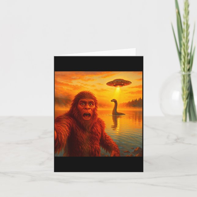 Funny Bigfoot Selfie With Loch Ness Monster And Uf Card (Front)
