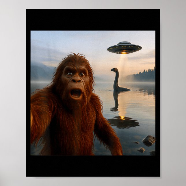 Funny Bigfoot Selfie With Loch Ness Monster And Uf Poster (Front)