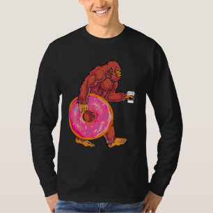 Funny Bigfoot Walking with Large Donut and Coffee T-Shirt