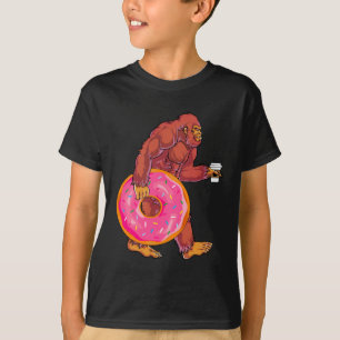 Funny Bigfoot Walking with Large Donut and Coffee T-Shirt