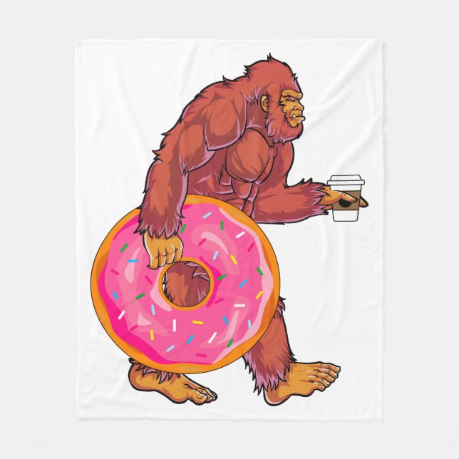 Funny Bigfoot Walking with Large Doughnut and Coff Fleece Blanket (Front)