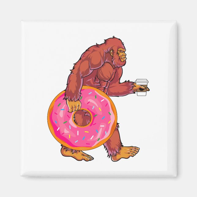 Funny Bigfoot Walking with Large Doughnut and Coff Magnet (Front)