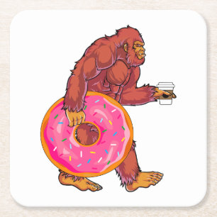 Funny Bigfoot Walking with Large Doughnut and Coff Square Paper Coaster