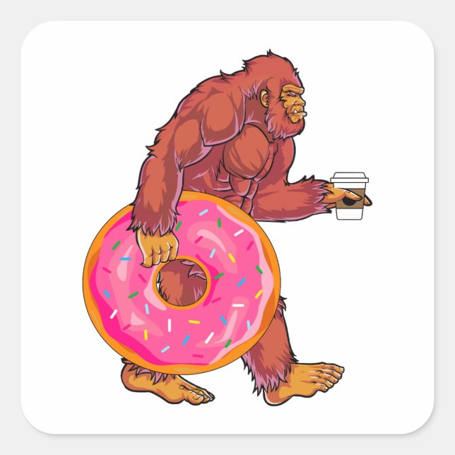 Funny Bigfoot Walking with Large Doughnut and Coff Square Sticker (Front)
