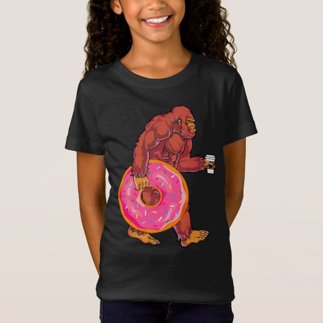 Funny Bigfoot Walking with Large Doughnut and Coff T-Shirt (Front)