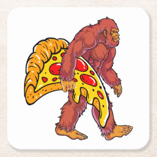 Funny Bigfoot Walking with Large Pizza Slice Square Paper Coaster