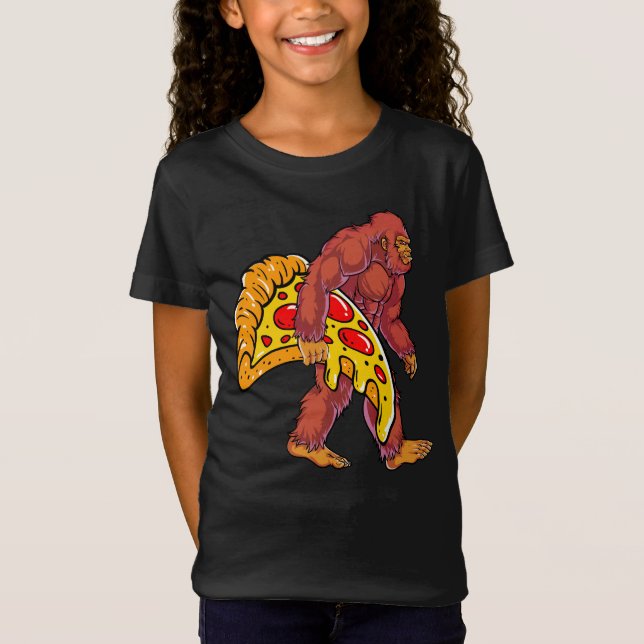 Funny Bigfoot Walking with Large Pizza Slice T-Shirt (Front)