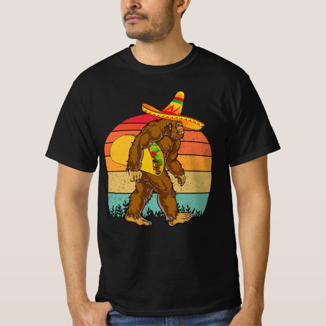 Funny Bigfoot Walking with Large Taco T-Shirt (Front)