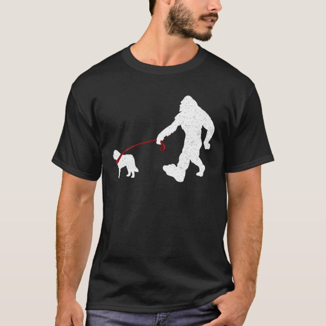 Funny Bigfoot Walking With Saint Bernard Dog Gifts T-Shirt (Front)