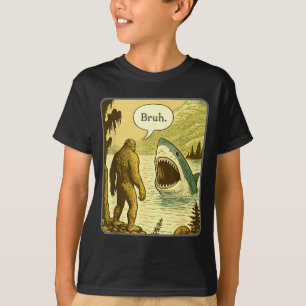 Funny Bigfoot With Shark Bruh Meme  T-Shirt