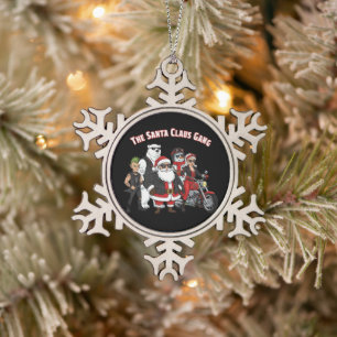 Funny Biker Santa Claus Gang Rock and Roll Snowflake Pewter Christmas Ornament