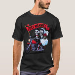 Funny Biker Skeleton Couple Just Married T-Shirt<br><div class="desc">Celebrate a love that rides beyond the grave with this edgy, romantic skeleton couple on a motorcycle. This design features a dapper skeleton groom and his beautiful bride, riding off into their forever after with a "Just Married" banner. This fun, graphic tee is the perfect way to showcase your dark...</div>
