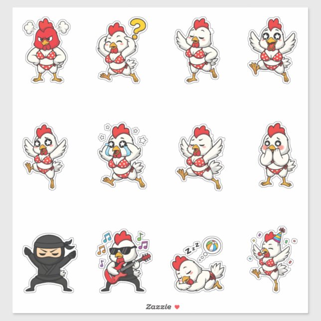 Funny Bikini Chicken Sticker Pack  Cartoon Chicken (Sheet)