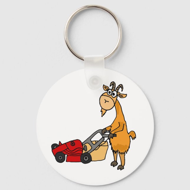 Funny Billy Goat Pushing Lawn Mower Cartoon Key Ring (Front)