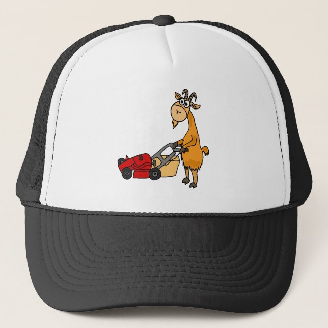 Funny Billy Goat Pushing Lawn Mower Cartoon Trucker Hat (Front)