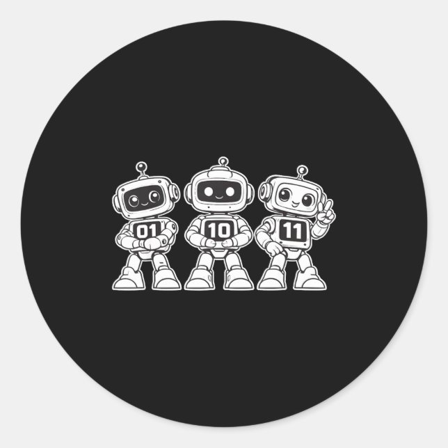Funny binary robots 01 10 11 cute coding robot classic round sticker (Front)