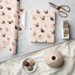 Funny birds with hats, stars, berries on light wrapping paper