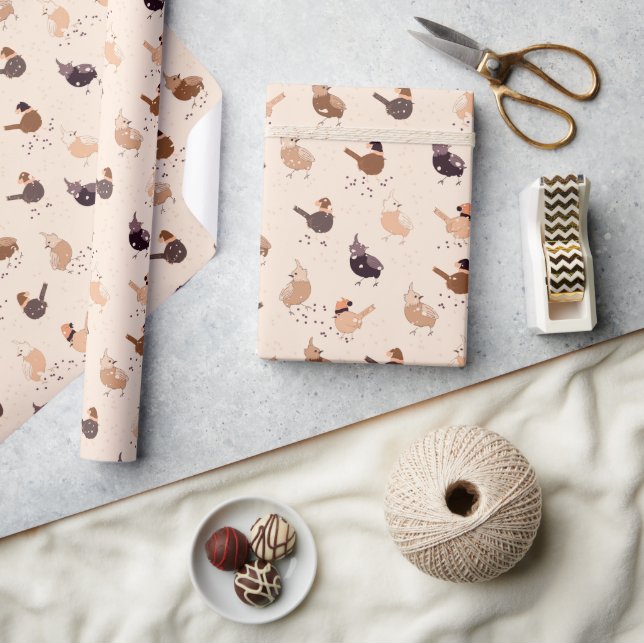 Funny birds with hats, stars, berries on light wrapping paper (Crafts)