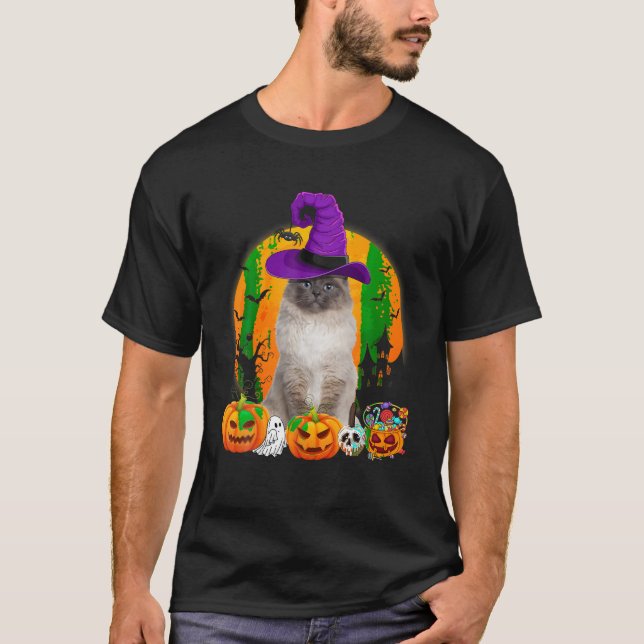 Funny Birman Cat Halloween Witch Pumpkin T-Shirt (Front)