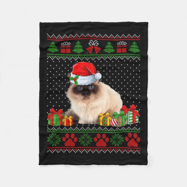 Funny Birman Cat Santa Hat Ugly Christmas Sweater  Fleece Blanket (Front)