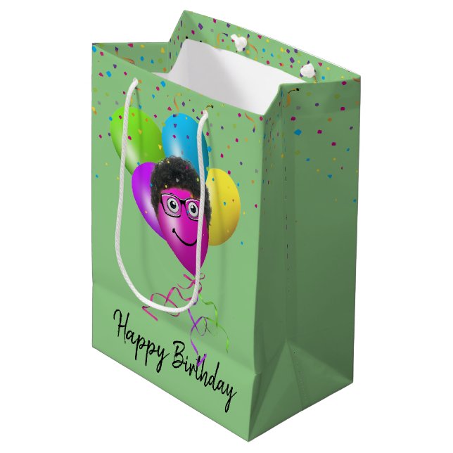 Funny Birthday Balloon Face on Green Medium Gift Bag (Front Angled)