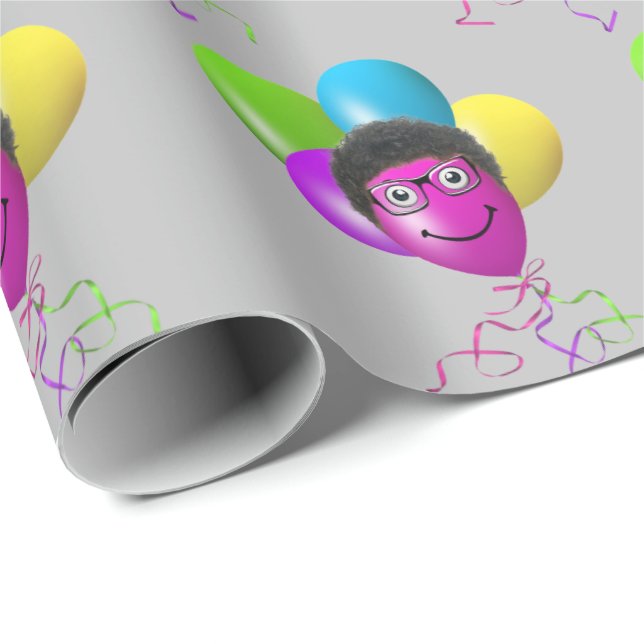 Funny Birthday Balloon Face on Grey Wrapping Paper (Roll Corner)