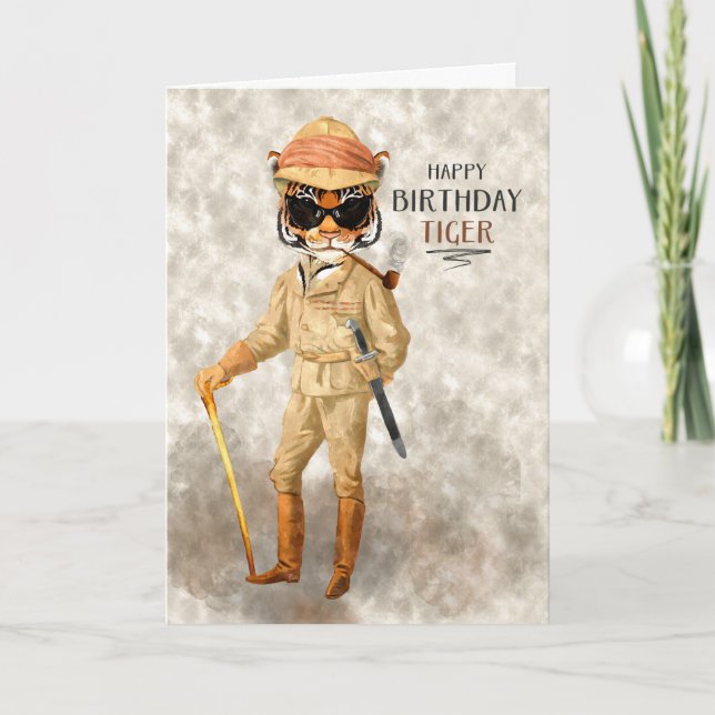 Funny Birthday Big Game Hipster Tiger Safari Card (Front)