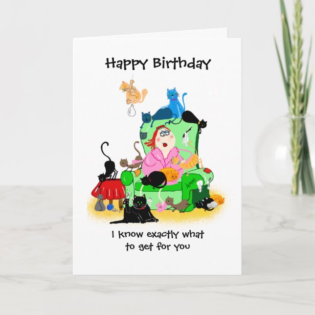 Funny Birthday card- catlady and cats cartoon Card (Front)