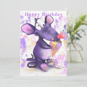 Funny Birthday Card Purple Mouse Eat Ice Cream