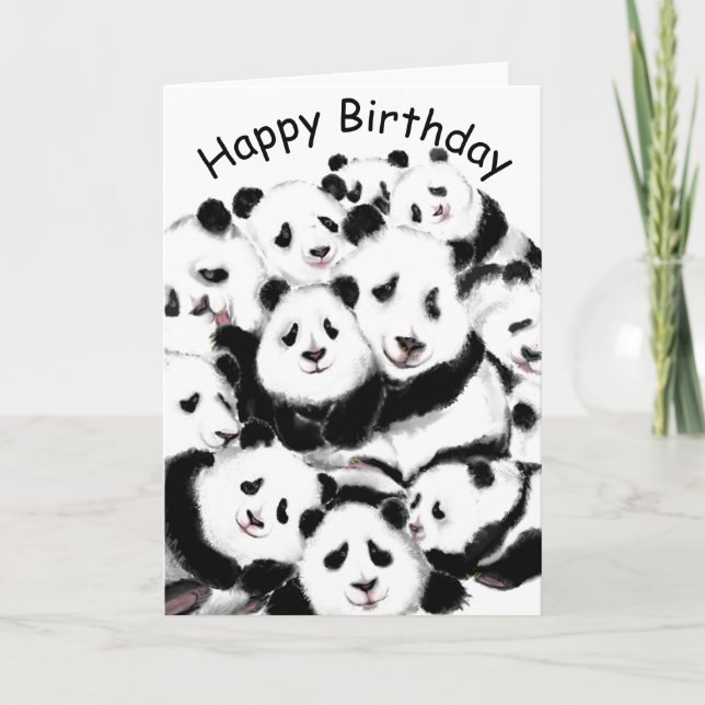 Funny Birthday Card with Happy Panda Family (Front)