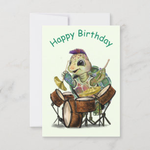 Funny Birthday Card with Turtle Drummer