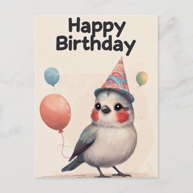 Funny Birthday Gift with Cute Bird & Balloons Postcard (Front)