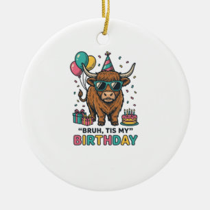 Funny Birthday Highland Cow Party Design_1 Ceramic Tree Decoration