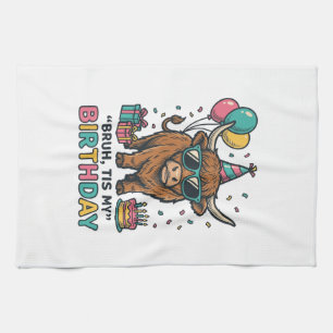 Funny Birthday Highland Cow Party Design_1 Tea Towel
