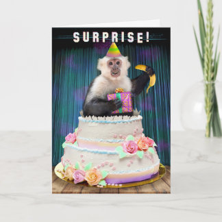 Funny Birthday Monkey Jumping Out of Cake Bananas Holiday Card