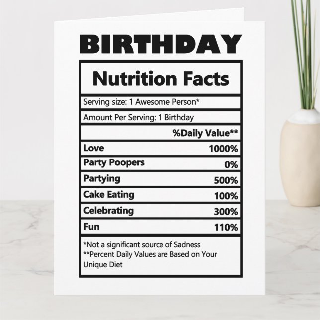 Funny Birthday Nutrition Facts Card (Front)